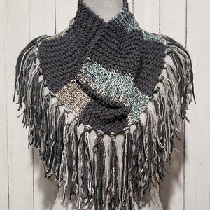 NEW Gray Cowl Scarf Hand Knitted Boho Fringe Cozy Rustic Western Indie Artsy Mod
